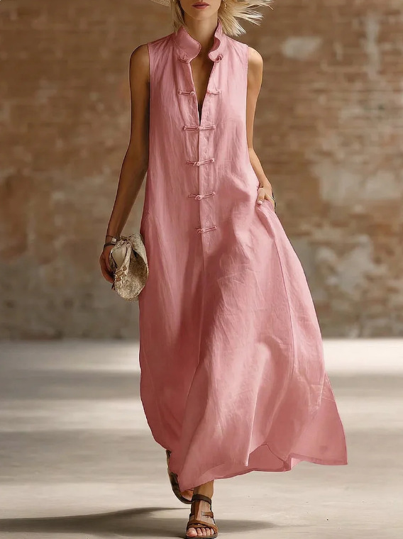 New Style Loose-Fit Linen-Cotton Maxi Dress with Stand Collar and Frog Closures