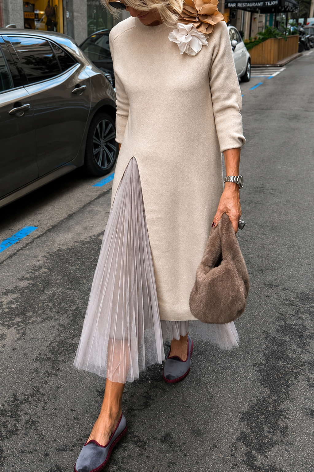 Jollie Knit Long Sleeve Front Slit Midi Sweater and Pleated Tulle Stretch Tank Midi Dress Two-piece