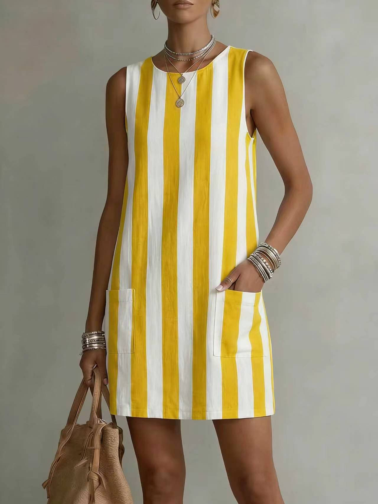 Women's striped color-block mini dress in yellow – sleeveless loose fit vintage casual