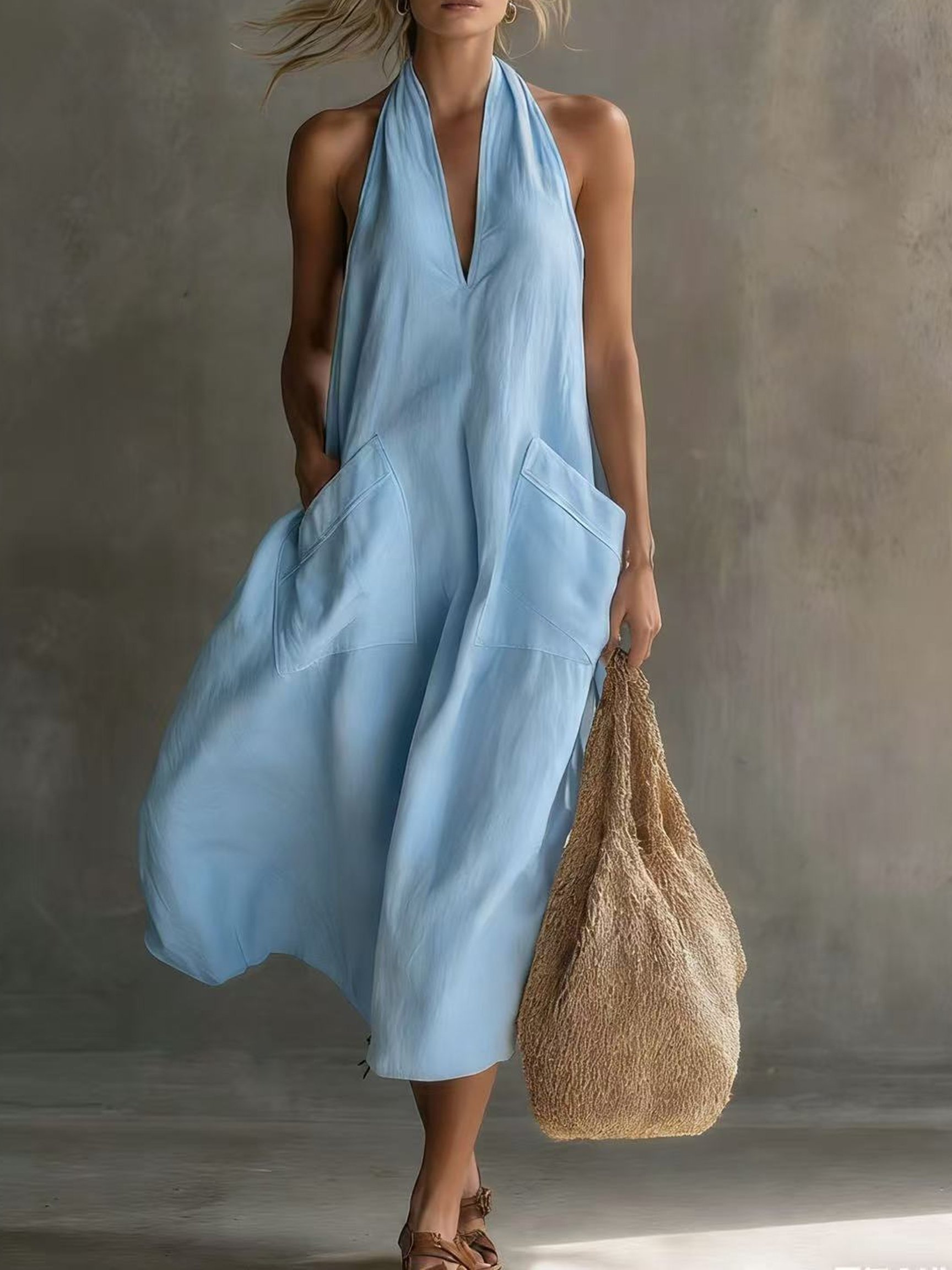 Women's Casual Halter V-Neck Midi Dress