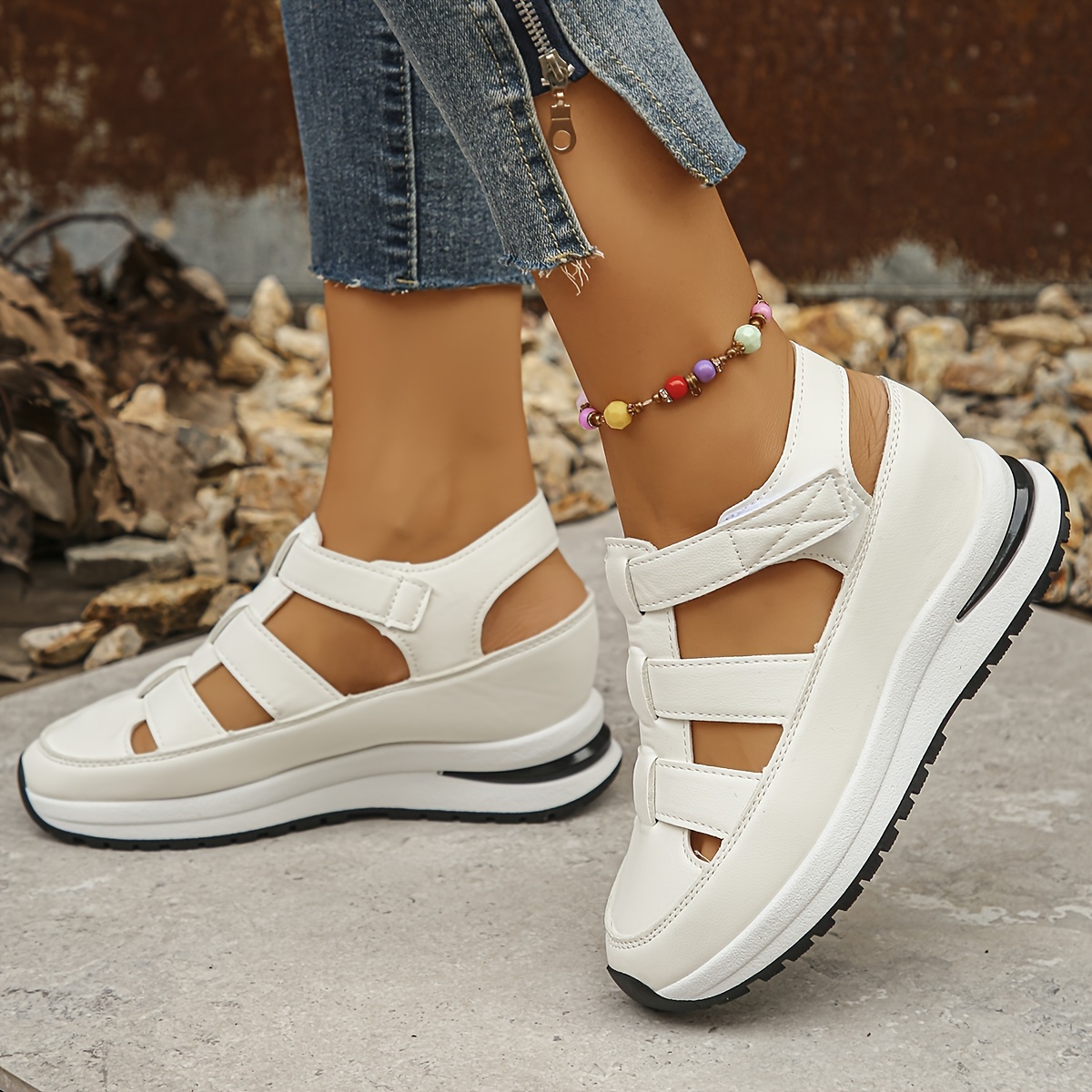 Womens Soft Sole Platform Sandals, Round Toe Comfortable Casual Walking Shoes, Hollow Wedge Breathable Sandals