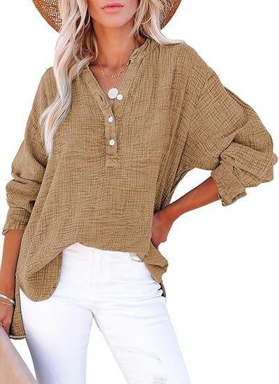 Womens Henley Shirts Casual Lightweight Sexy Button V-Neck Blouses Long Sleeve Loose Fitted Solid Color Tops