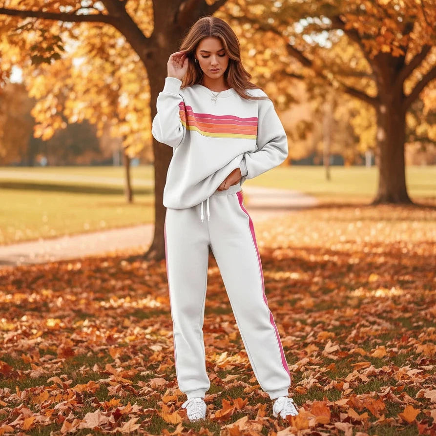 Blueberi B Striped Round Neck Sweatshirt and Pants Set - Cotton Blend - Available in S-2XL
