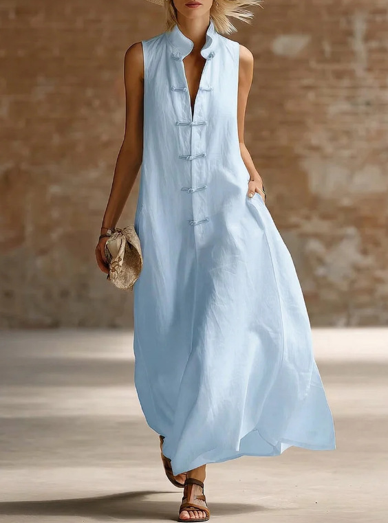 New Style Loose-Fit Linen-Cotton Maxi Dress with Stand Collar and Frog Closures