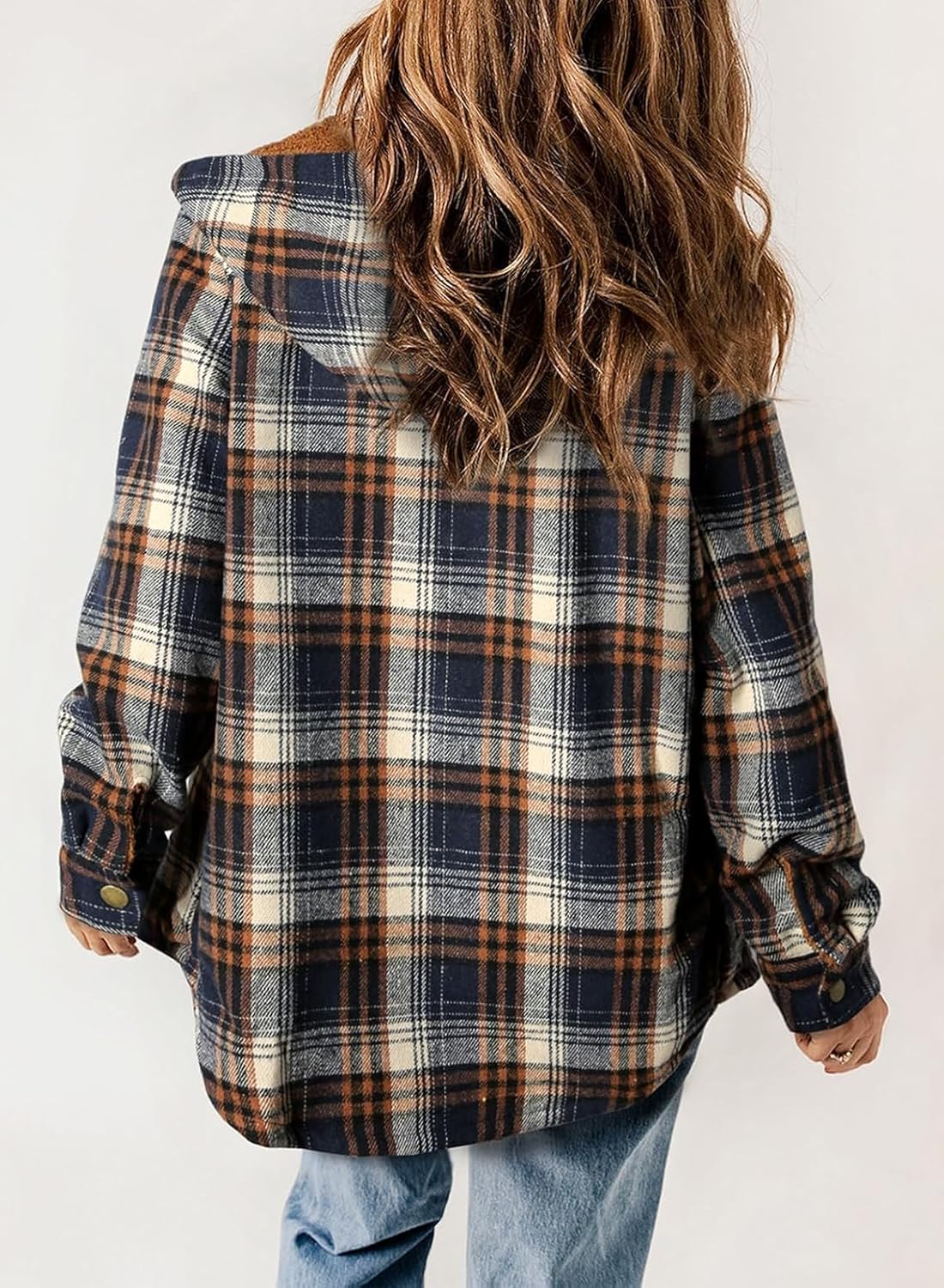 Womens Plaid Shacket Jacket Long Sleeve Fleece Hooded Jackets