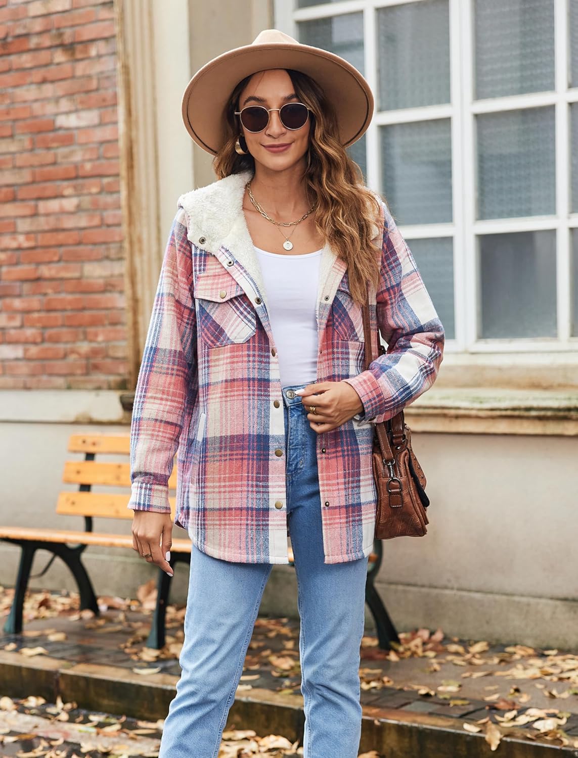 Womens Plaid Shacket Jacket Long Sleeve Fleece Hooded Jackets
