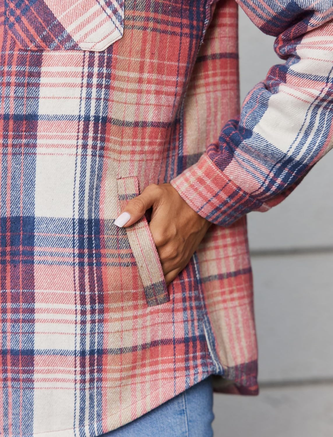 Womens Plaid Shacket Jacket Long Sleeve Fleece Hooded Jackets