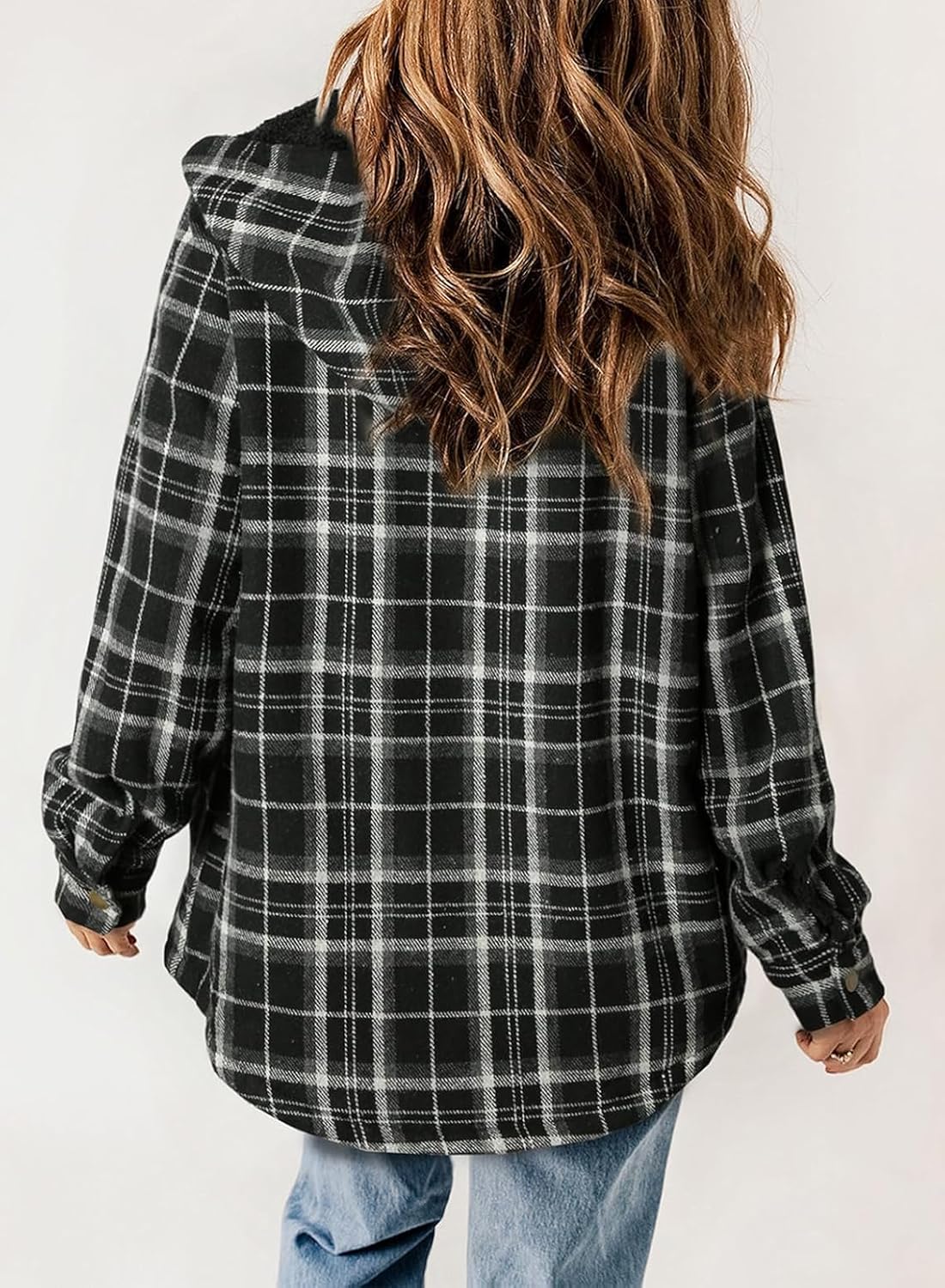 Womens Plaid Shacket Jacket Long Sleeve Fleece Hooded Jackets