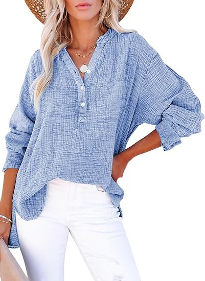 Womens Henley Shirts Casual Lightweight Sexy Button V-Neck Blouses Long Sleeve Loose Fitted Solid Color Tops