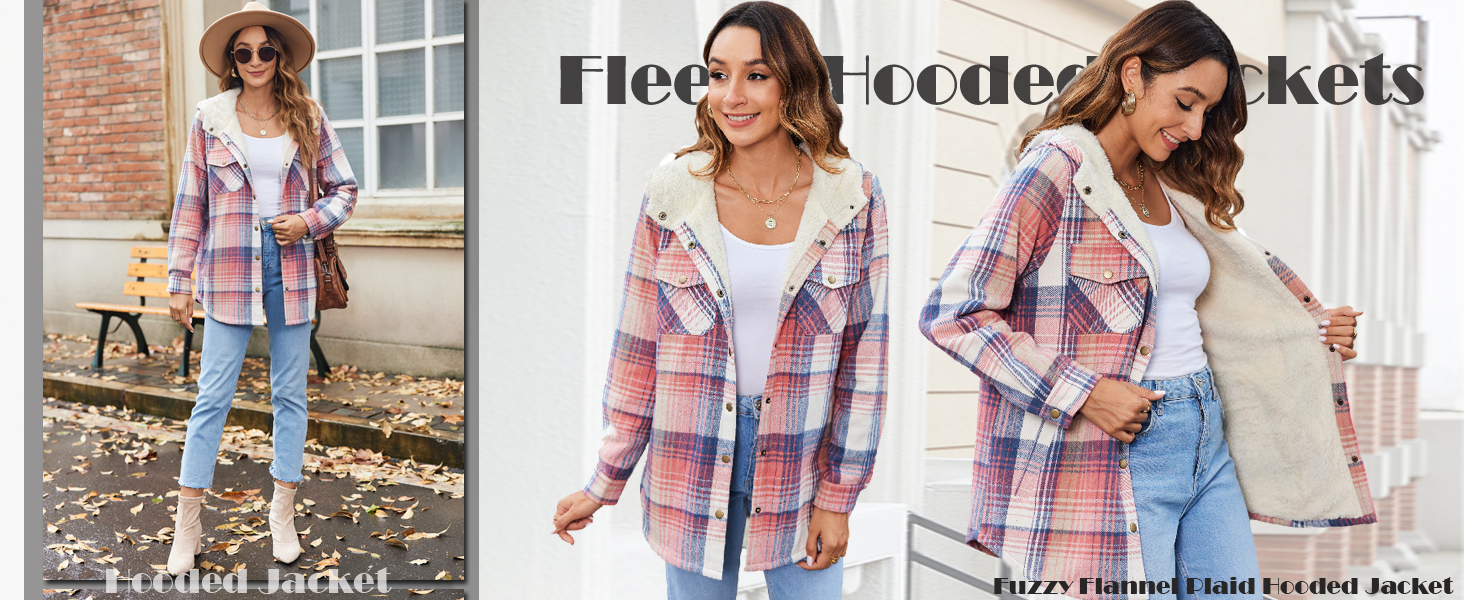 Womens Plaid Shacket Jacket Long Sleeve Button Down Fleece Hooded Jackets Warm Coat