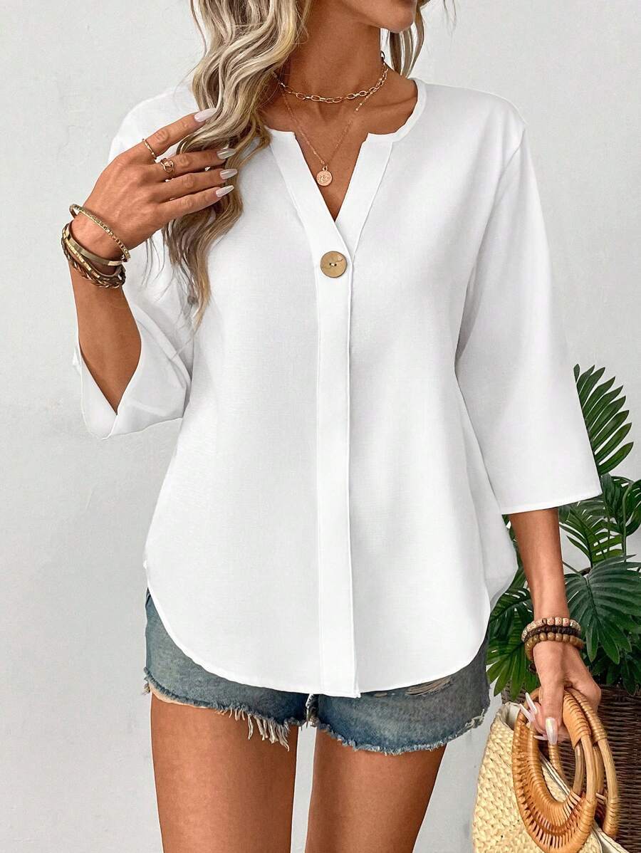 New women's summer loose solid color small V-neck casual shirt with buttons