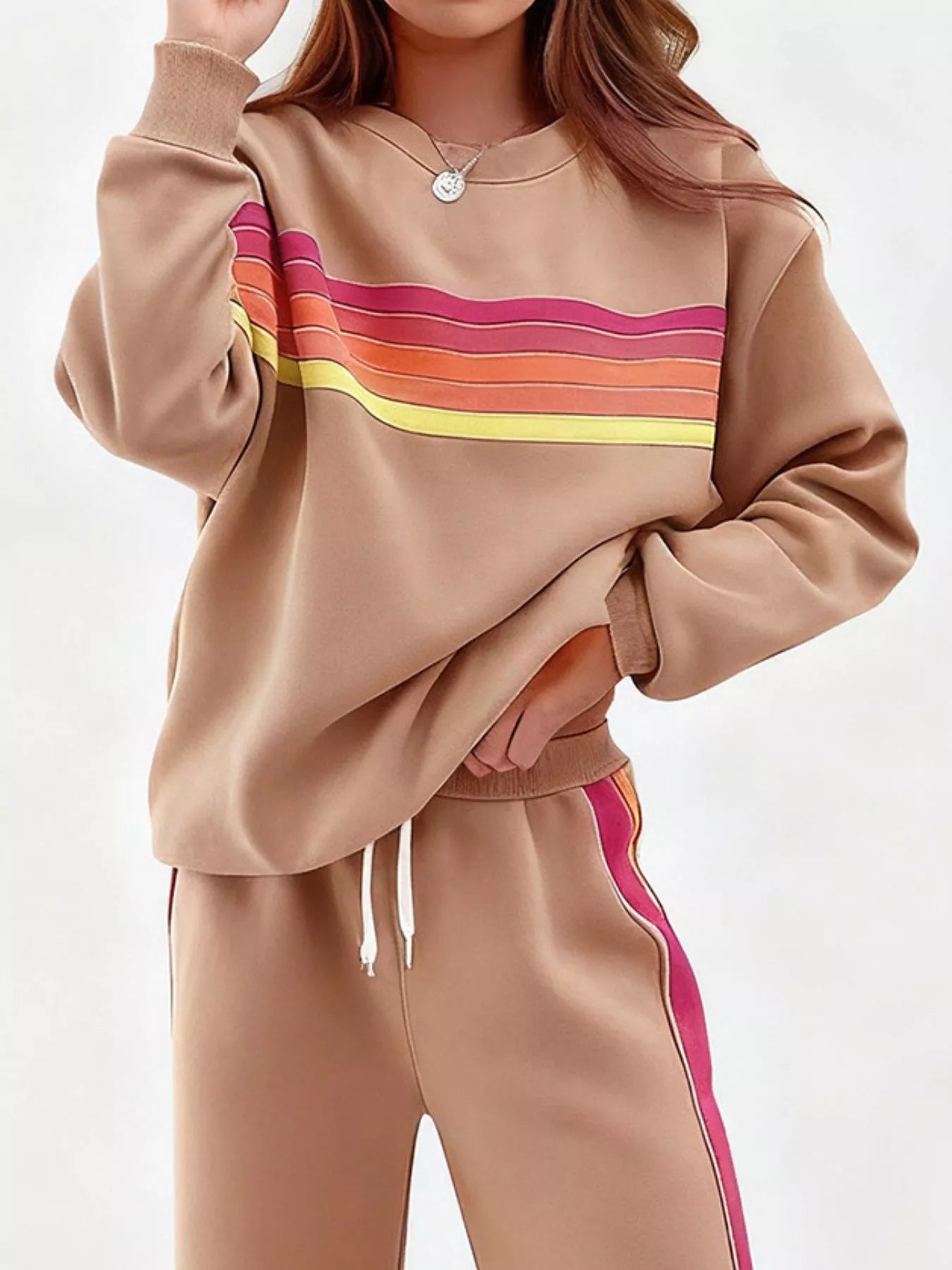 Blueberi B Striped Round Neck Sweatshirt and Pants Set - Cotton Blend - Available in S-2XL
