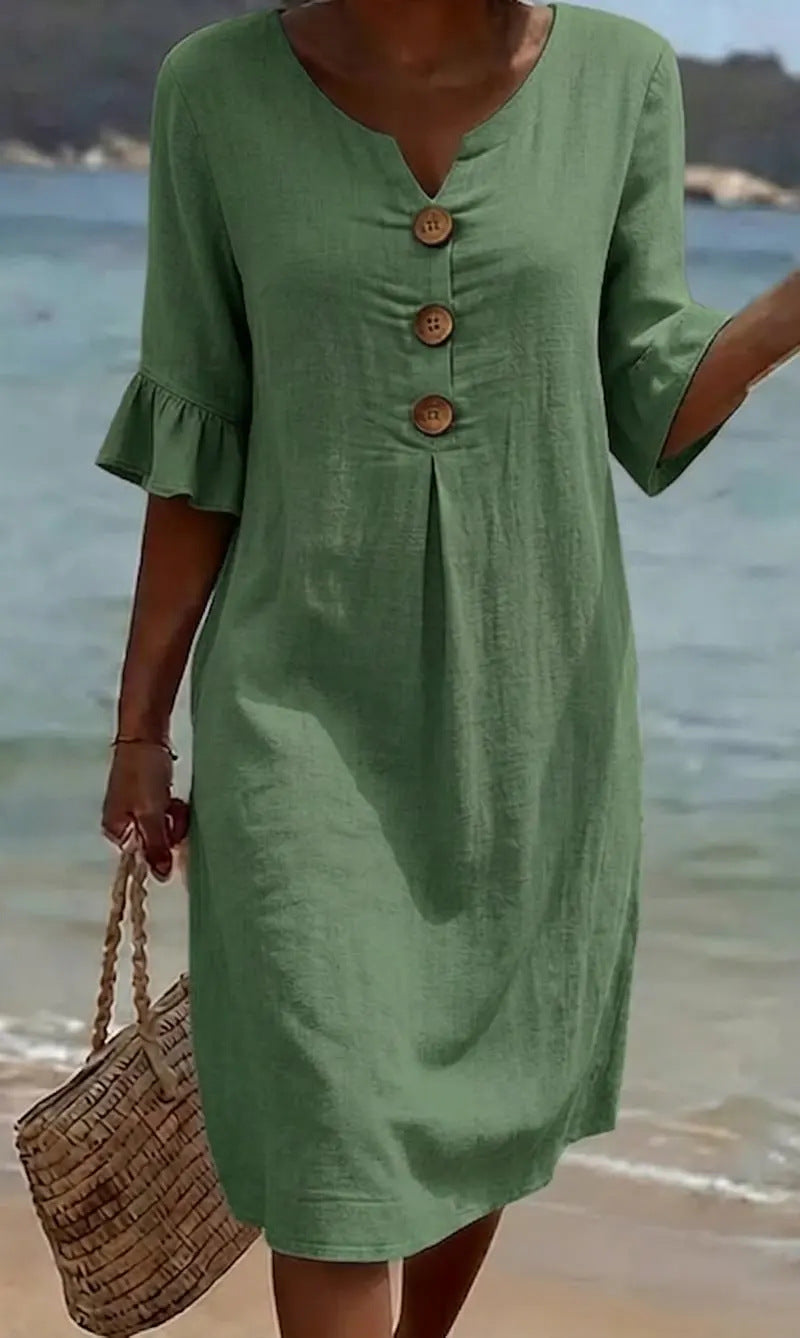 Vestido mujer algodón lino verano – vestido suelto con botones