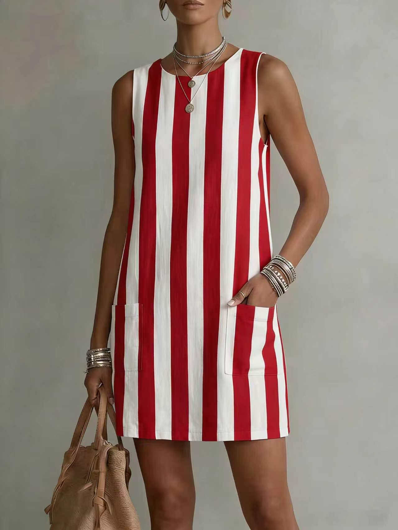Women's striped color-block sleeveless mini dress in pink – loose fit vintage casual