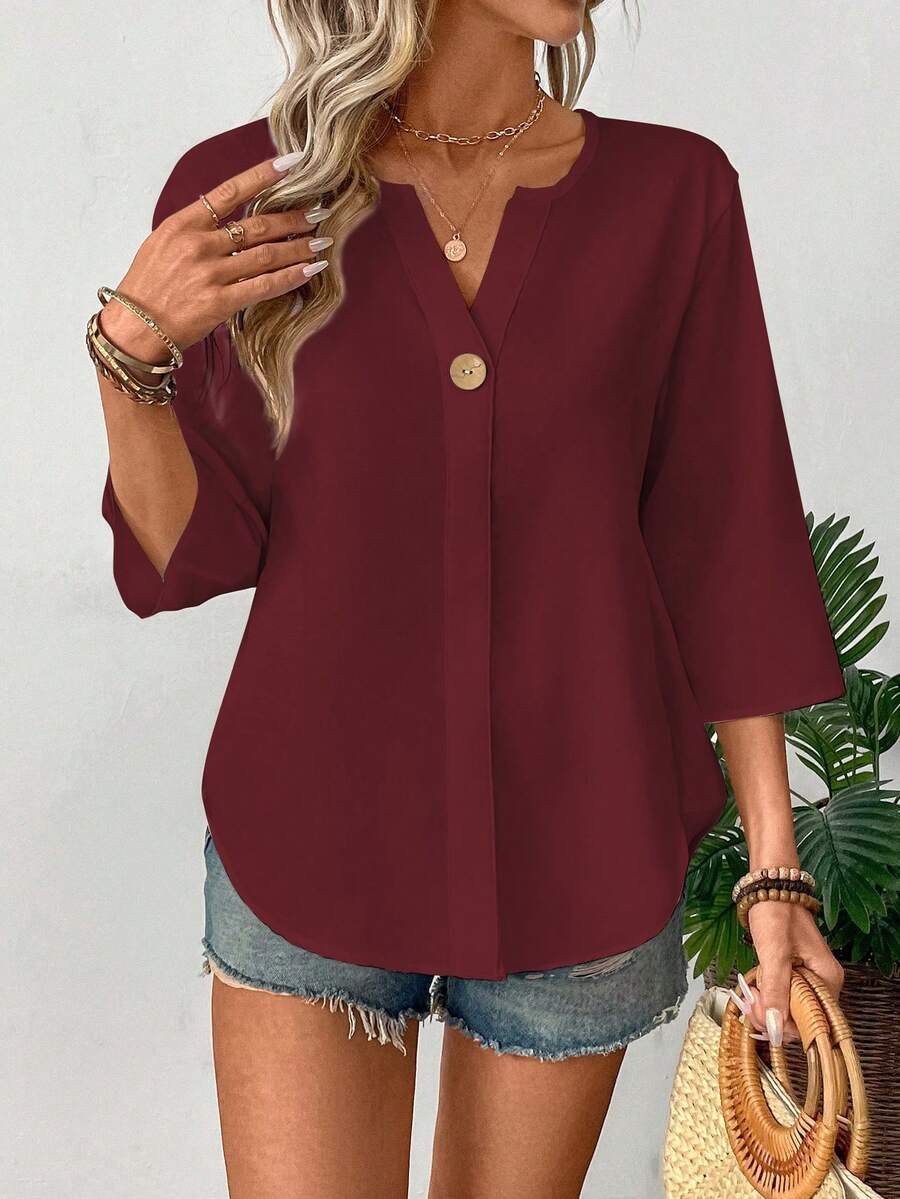 New women's summer loose solid color small V-neck casual shirt with buttons