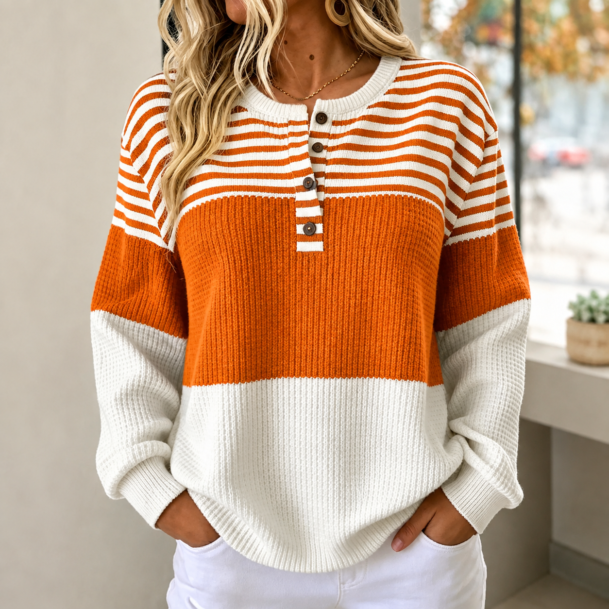 Women Striped Henley Collar Casual Spring/Fall Long Sleeve Sweatshirt