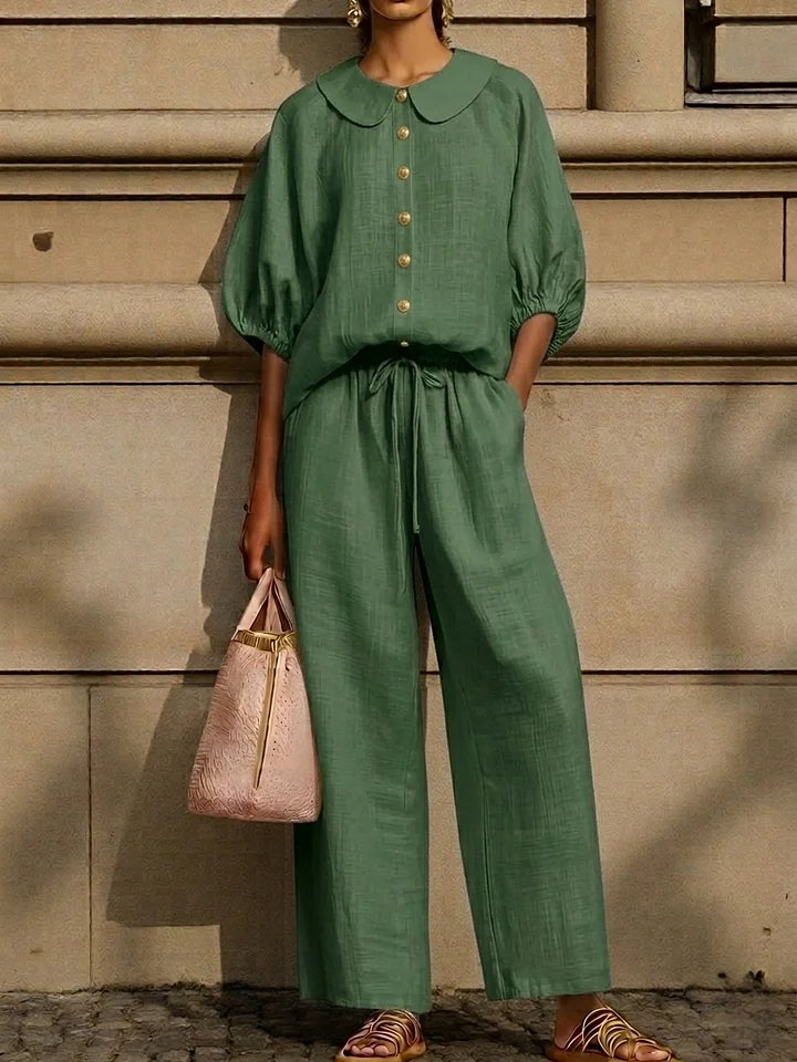 🎁New Arrivals 50% OFF🔥Stylish Peter Pan Collar Shirt And Wide-leg Pant Linen Two-piece Set