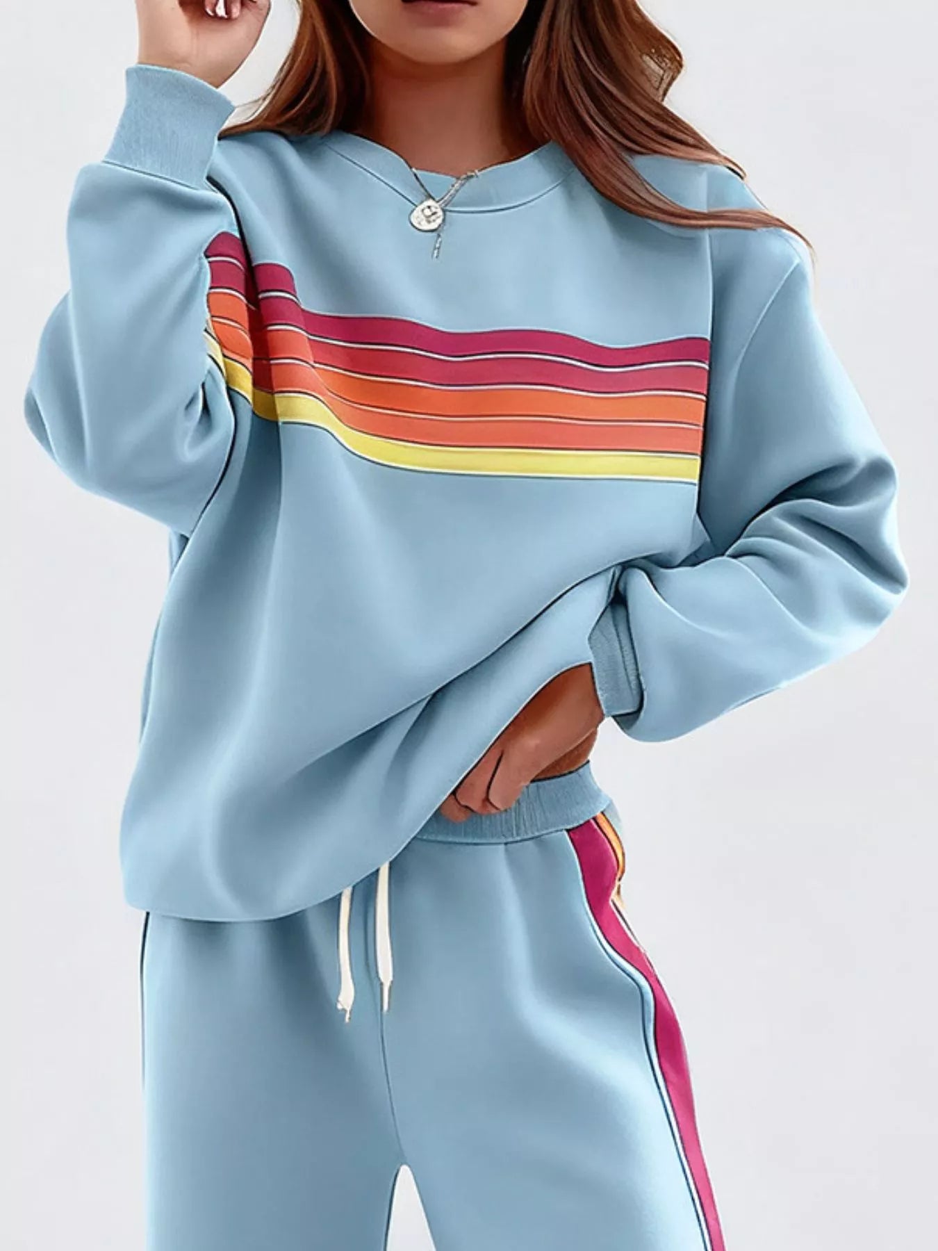 Blueberi B Striped Round Neck Sweatshirt and Pants Set - Cotton Blend - Available in S-2XL