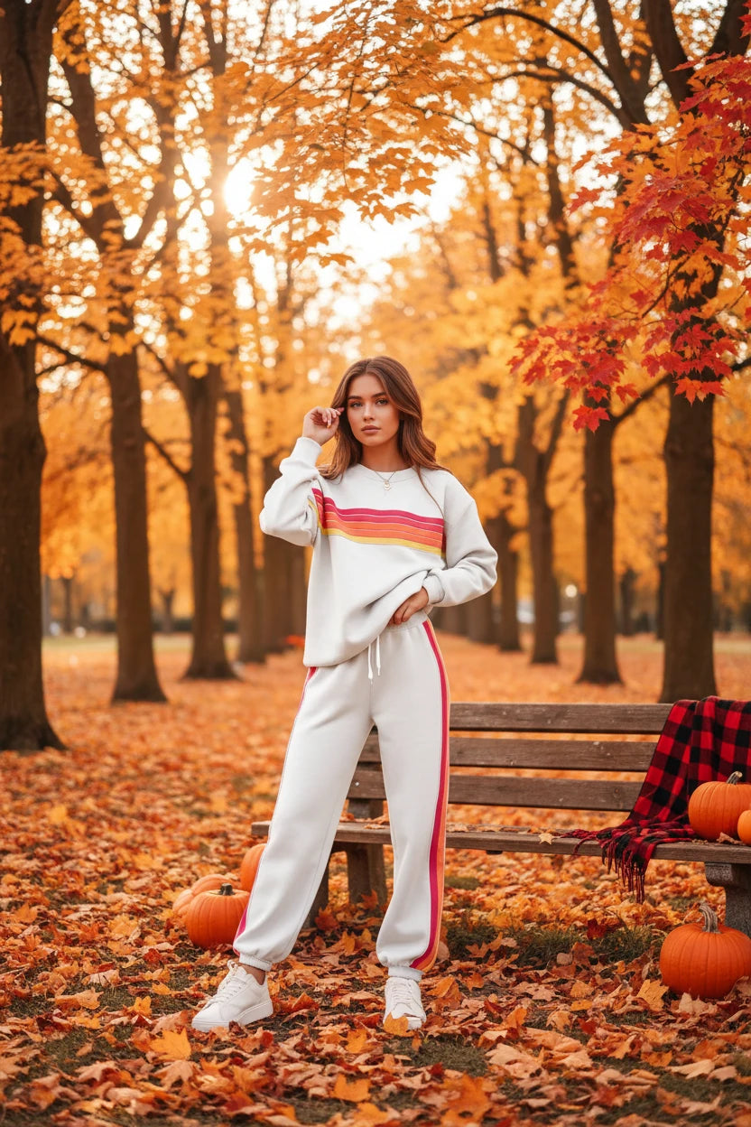 Blueberi B Striped Round Neck Sweatshirt and Pants Set - Cotton Blend - Available in S-2XL