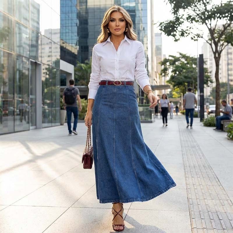 Women's High-Waist A-Line Denim Maxi Skirt
