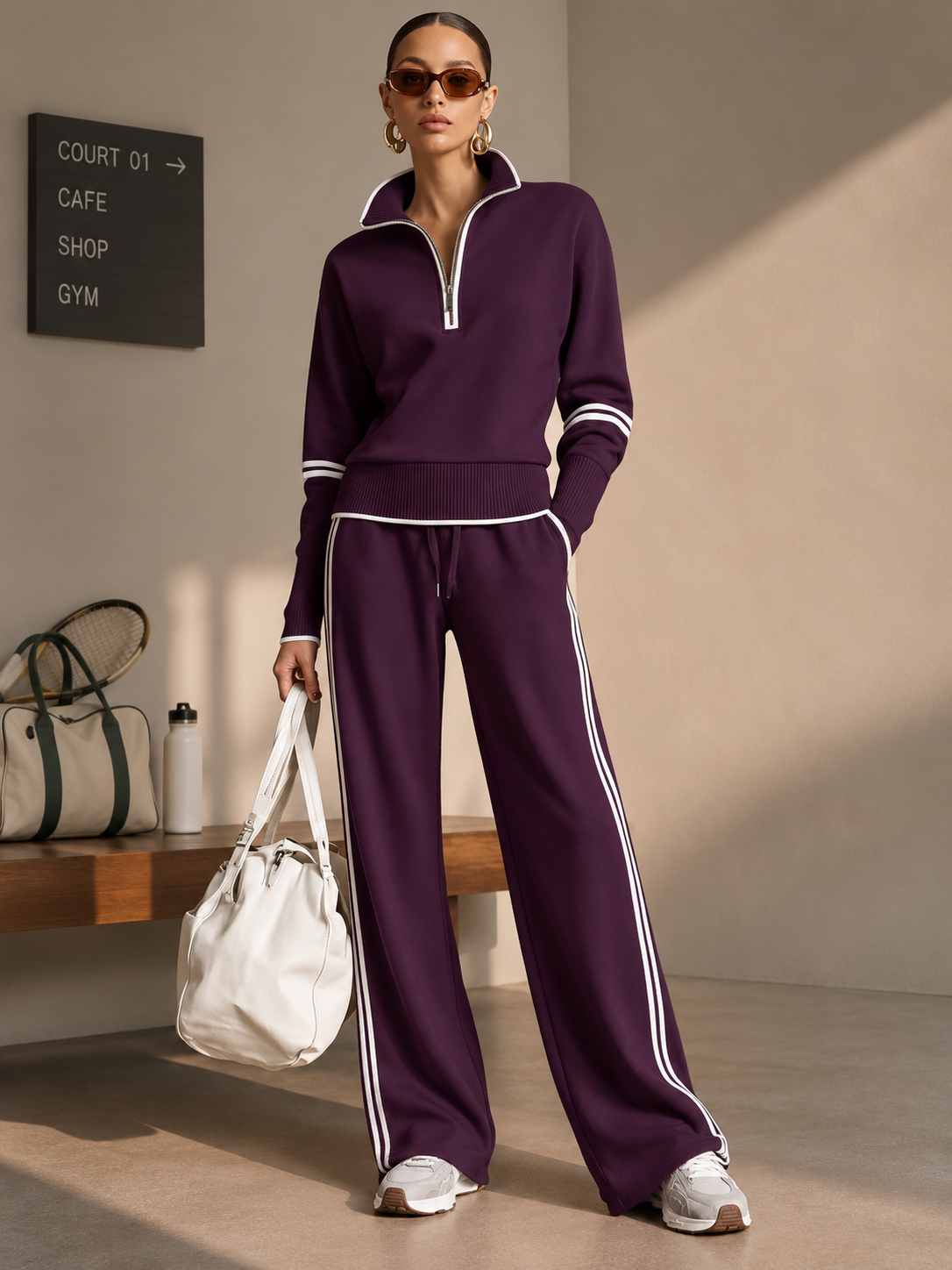 Retro Sporty Webbing Grey-white Half-zip Sweatshirt And Wide-leg Pants Set