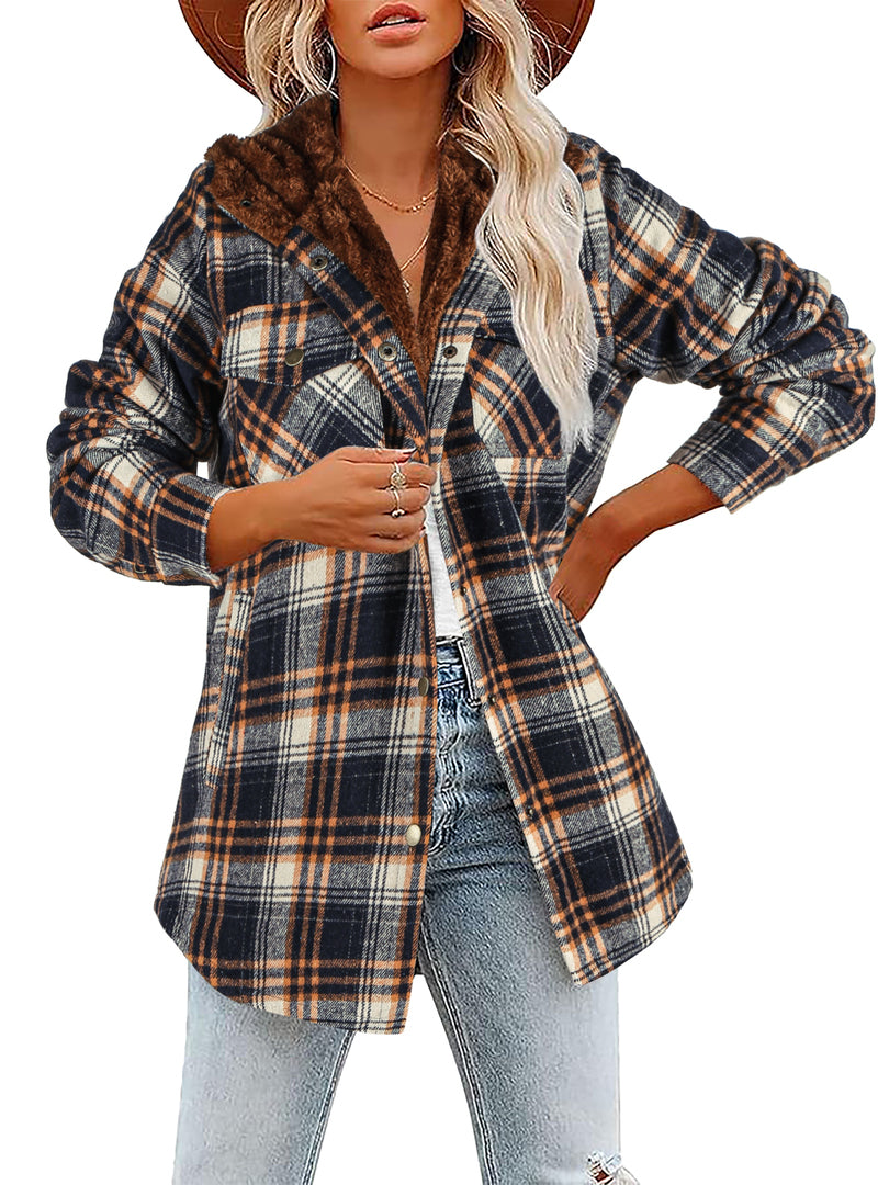 Womens Plaid Shacket Jacket Long Sleeve Fleece Hooded Jackets