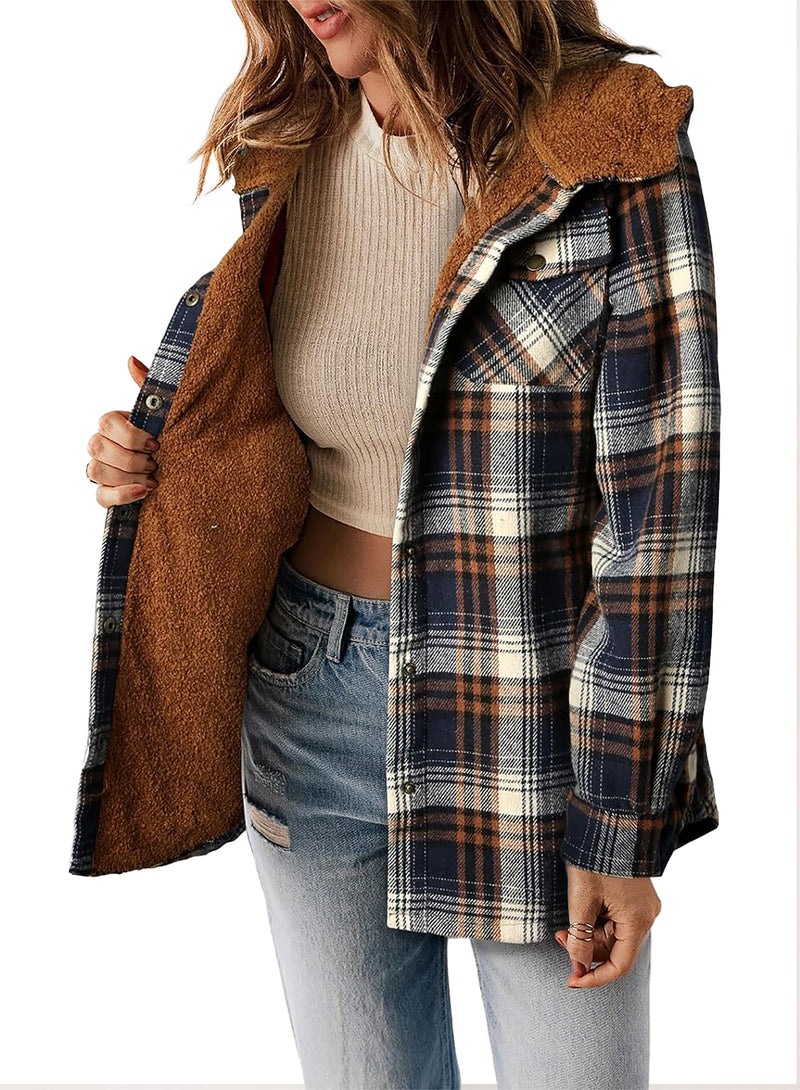 Womens Plaid Shacket Jacket Long Sleeve Fleece Hooded Jackets