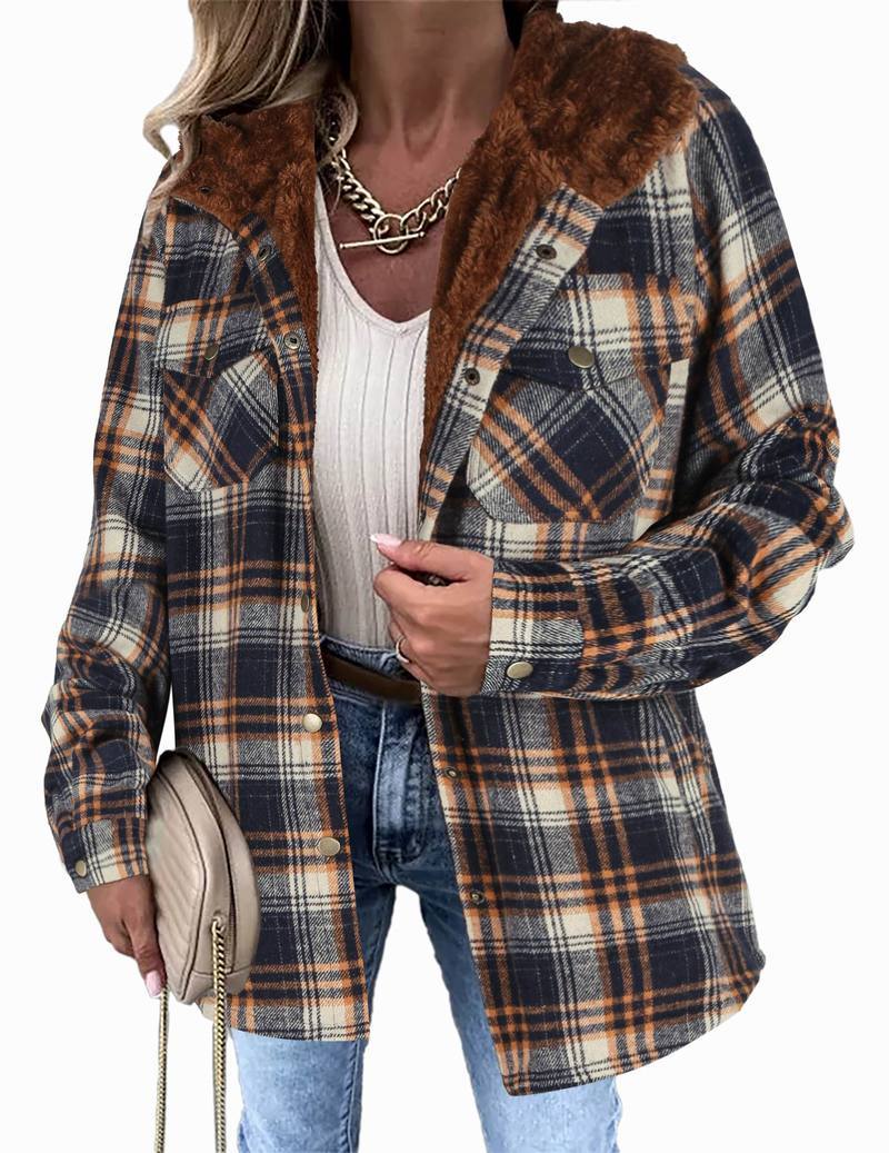 Womens Plaid Shacket Jacket Long Sleeve Fleece Hooded Jackets