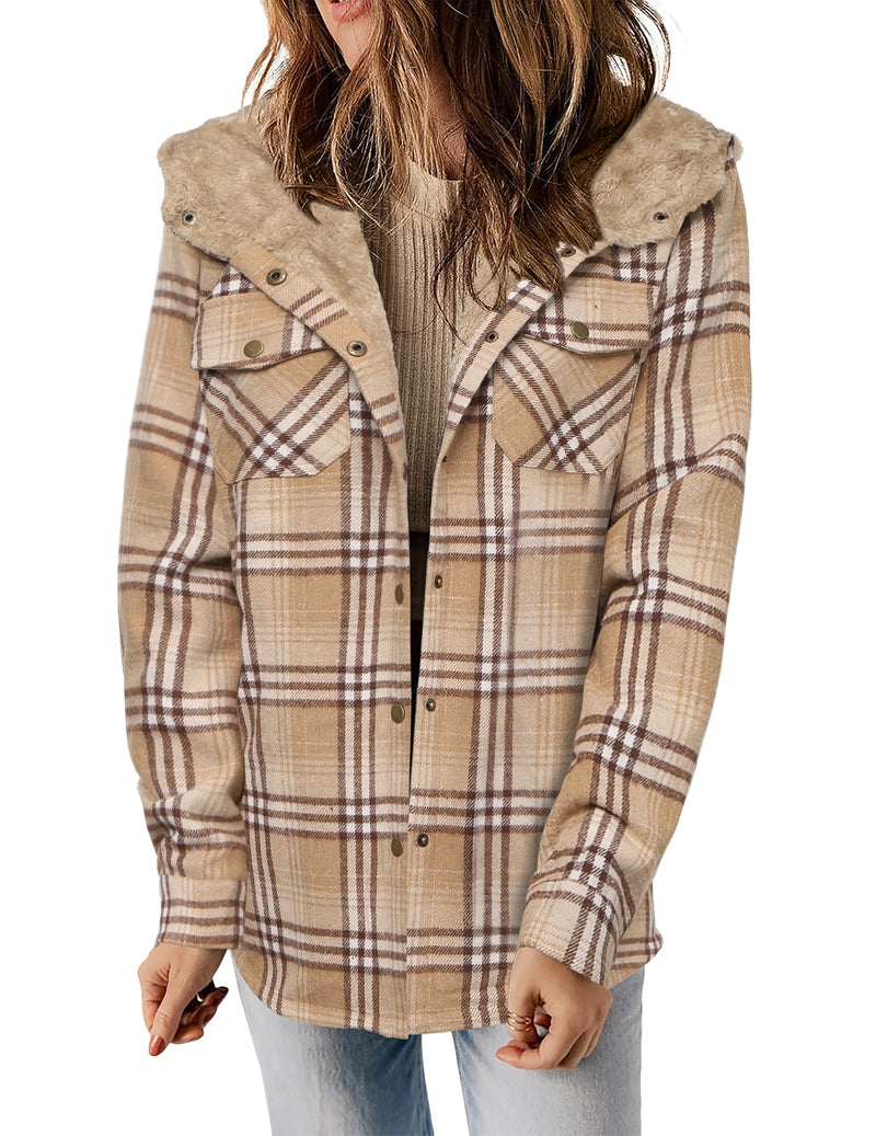 Womens Plaid Shacket Jacket Long Sleeve Fleece Hooded Jackets