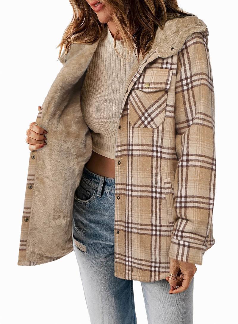 Womens Plaid Shacket Jacket Long Sleeve Fleece Hooded Jackets