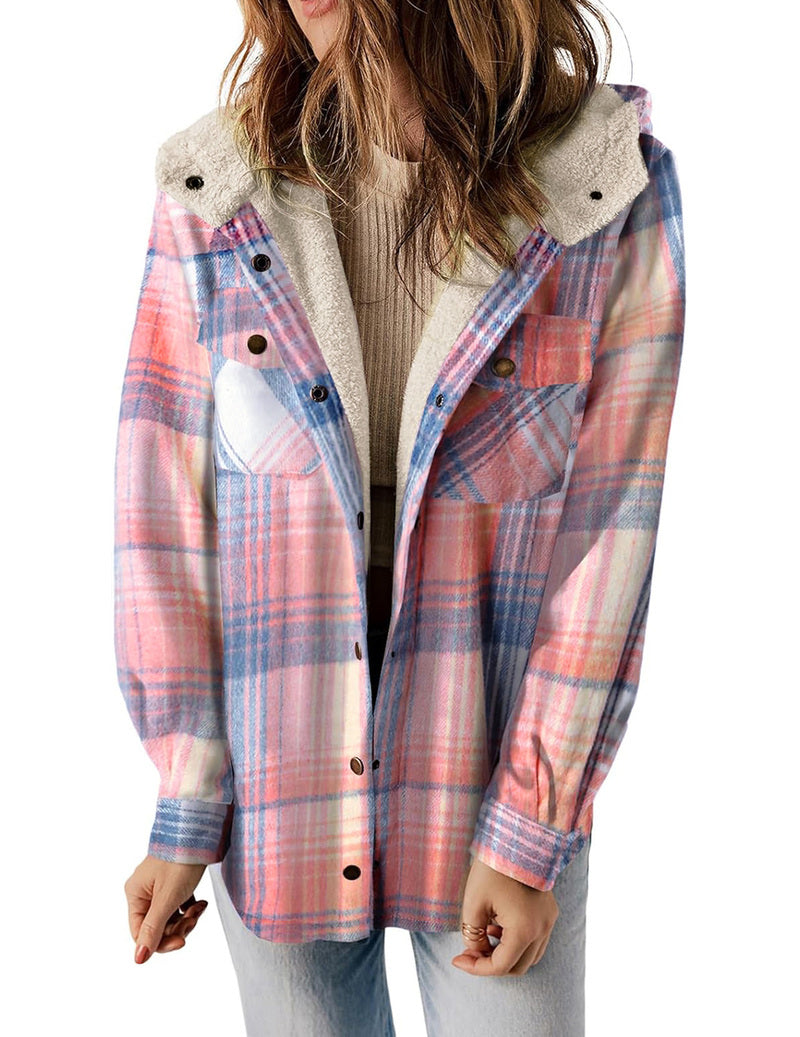 Womens Plaid Shacket Jacket Long Sleeve Fleece Hooded Jackets