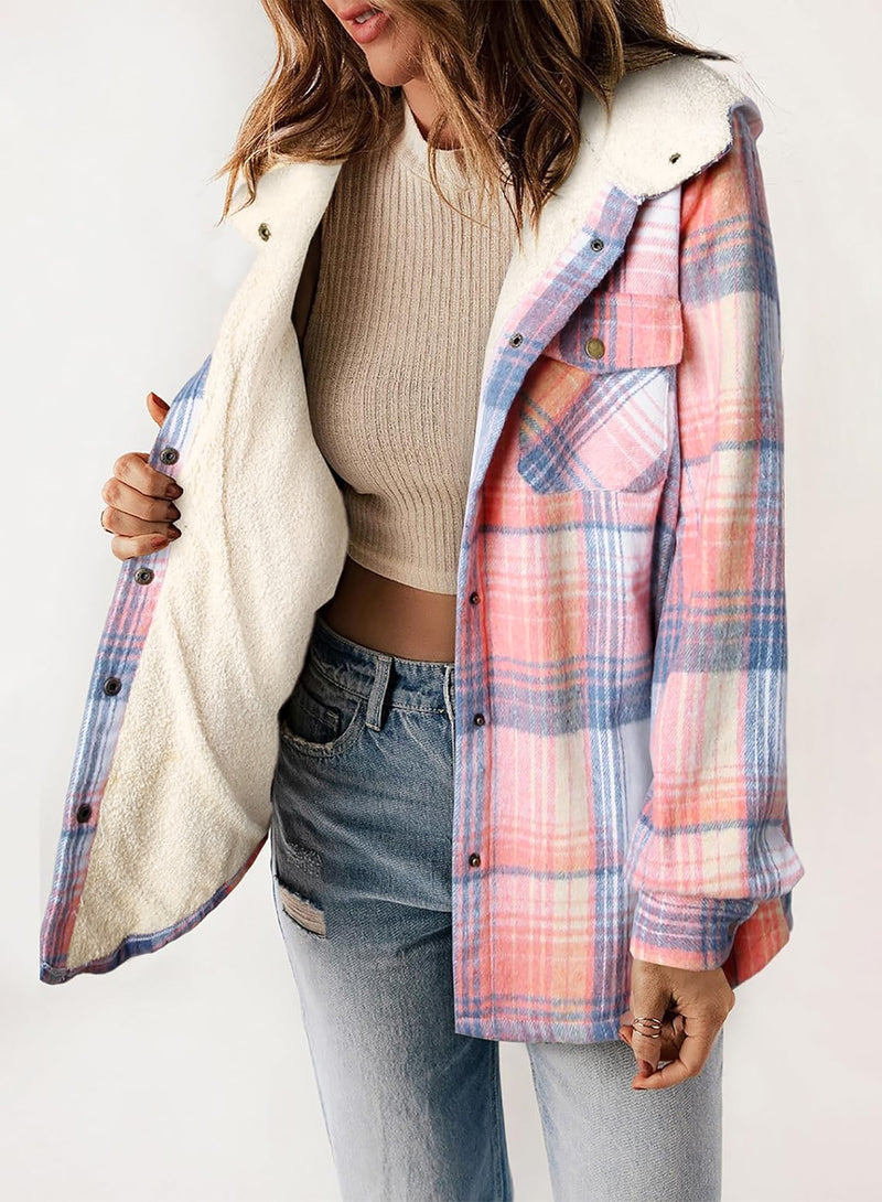 Womens Plaid Shacket Jacket Long Sleeve Fleece Hooded Jackets