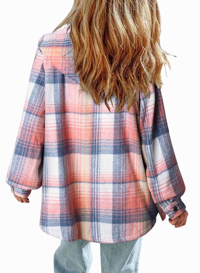 Womens Plaid Shacket Jacket Long Sleeve Fleece Hooded Jackets