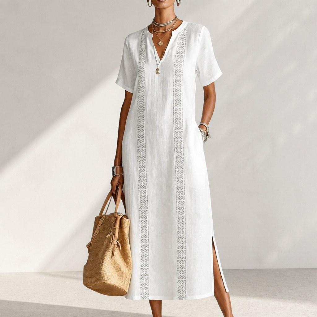 Boho Embroidered V-Neck Flowy Midi Dress