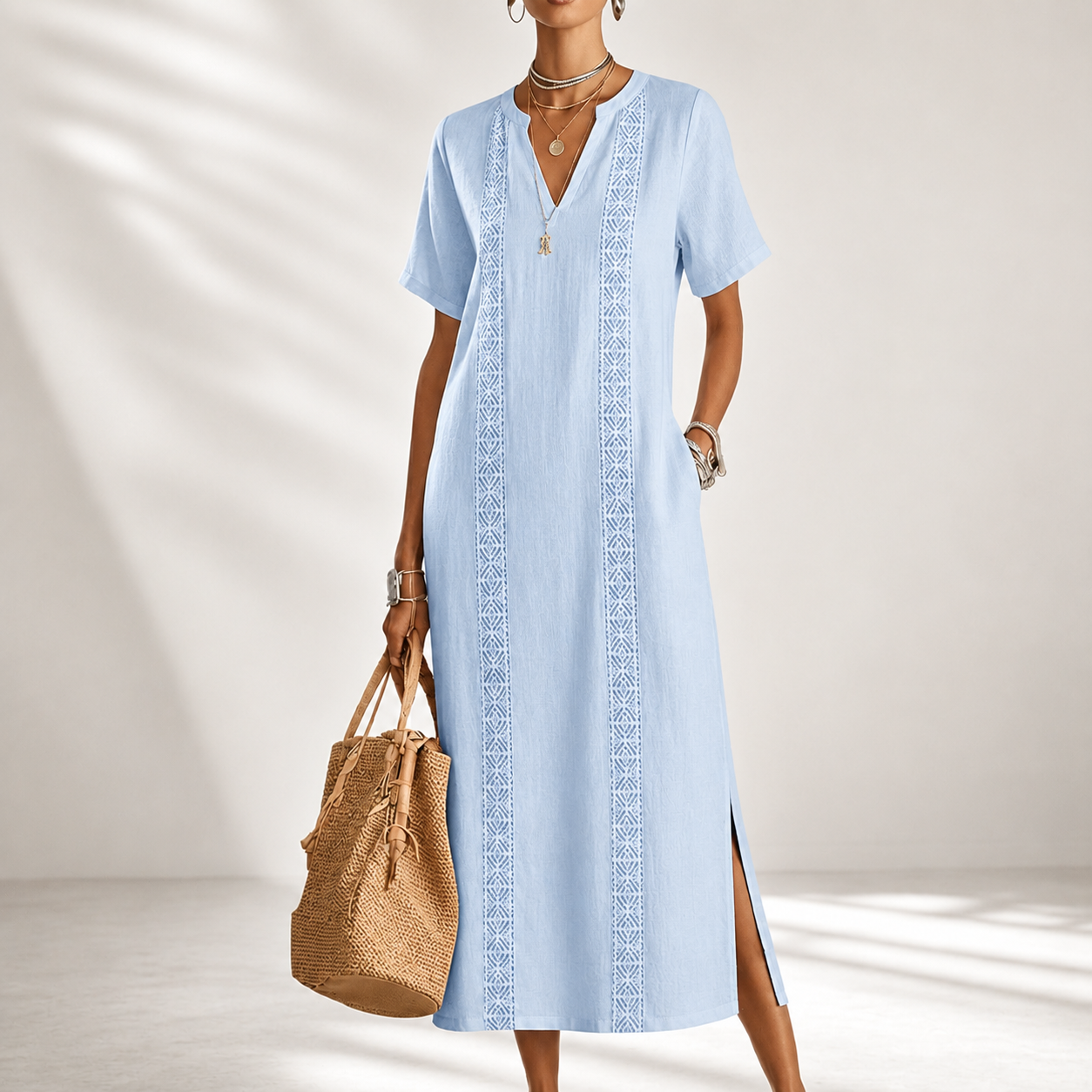 Boho Embroidered V-Neck Flowy Midi Dress