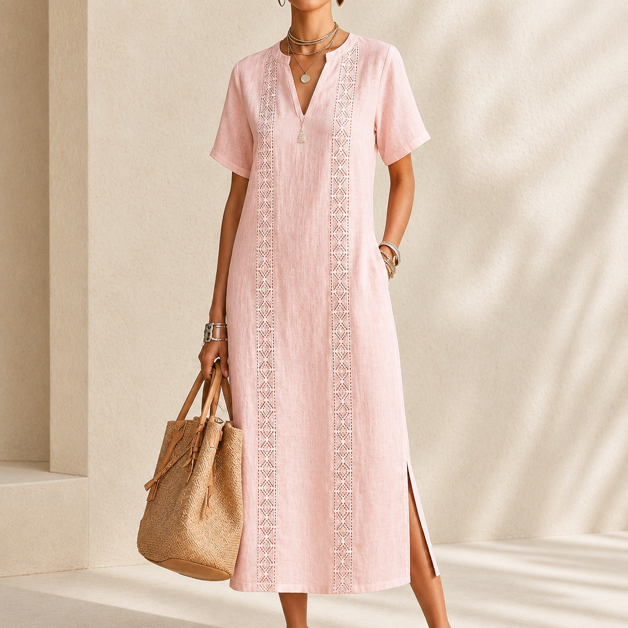Boho Embroidered V-Neck Flowy Midi Dress