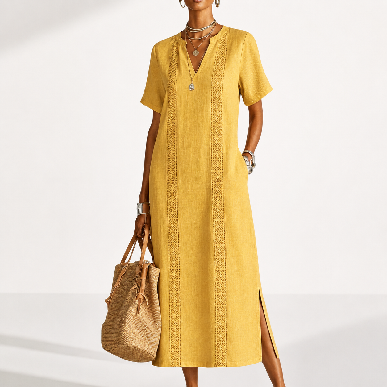 Boho Embroidered V-Neck Flowy Midi Dress