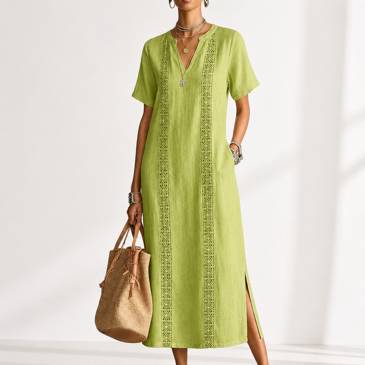 Boho Embroidered V-Neck Flowy Midi Dress