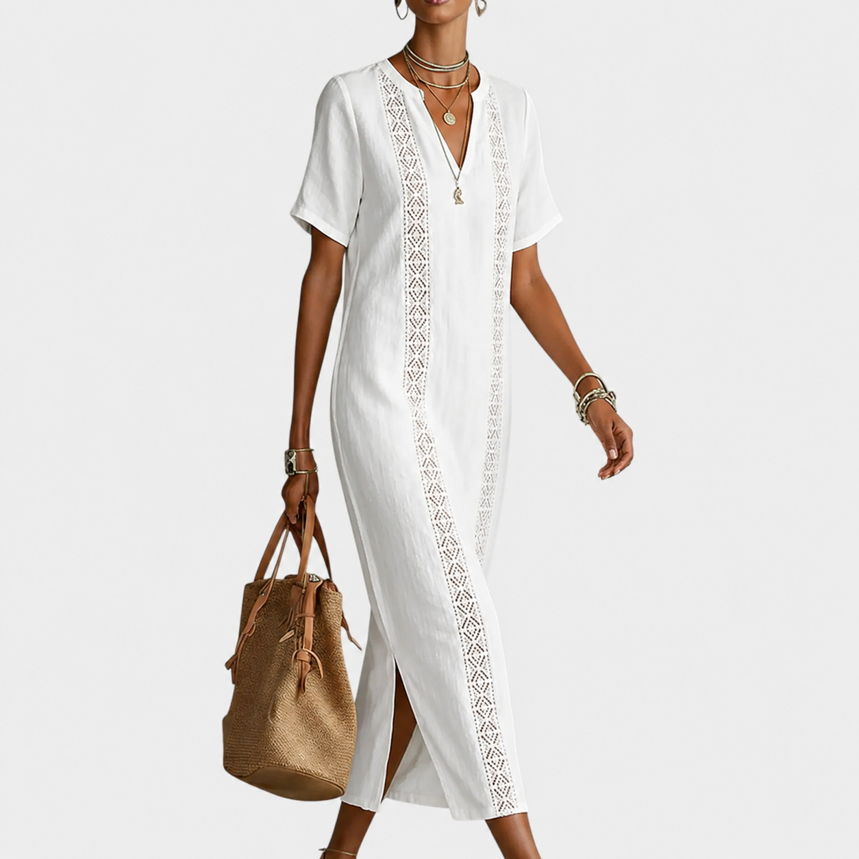 Boho Embroidered V-Neck Flowy Midi Dress