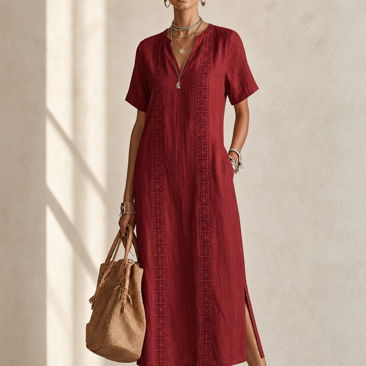 Boho Embroidered V-Neck Flowy Midi Dress