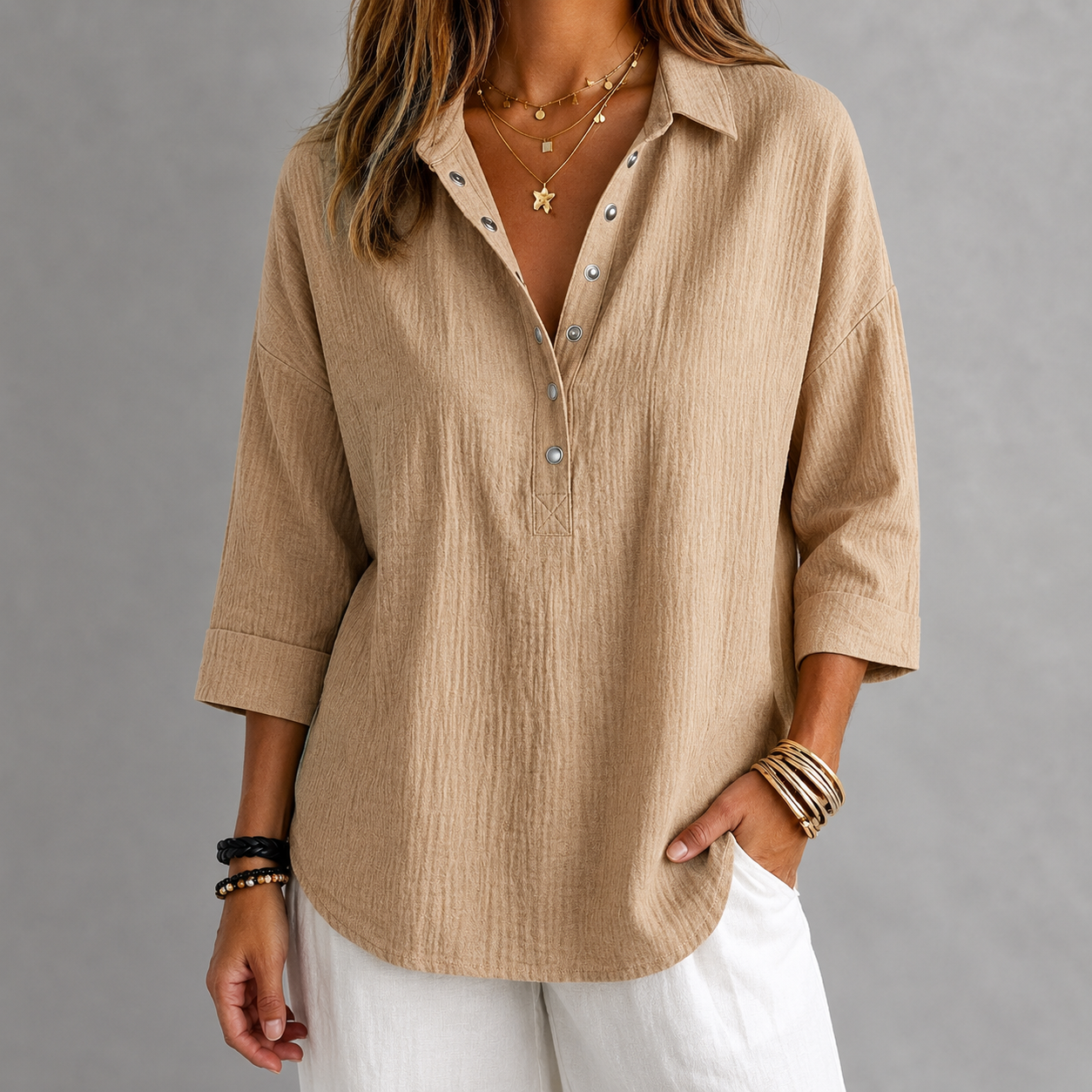 CLEARACNE SALE🔥 Women's Casual Linen Blend Henley 3/4 Sleeve Shirt