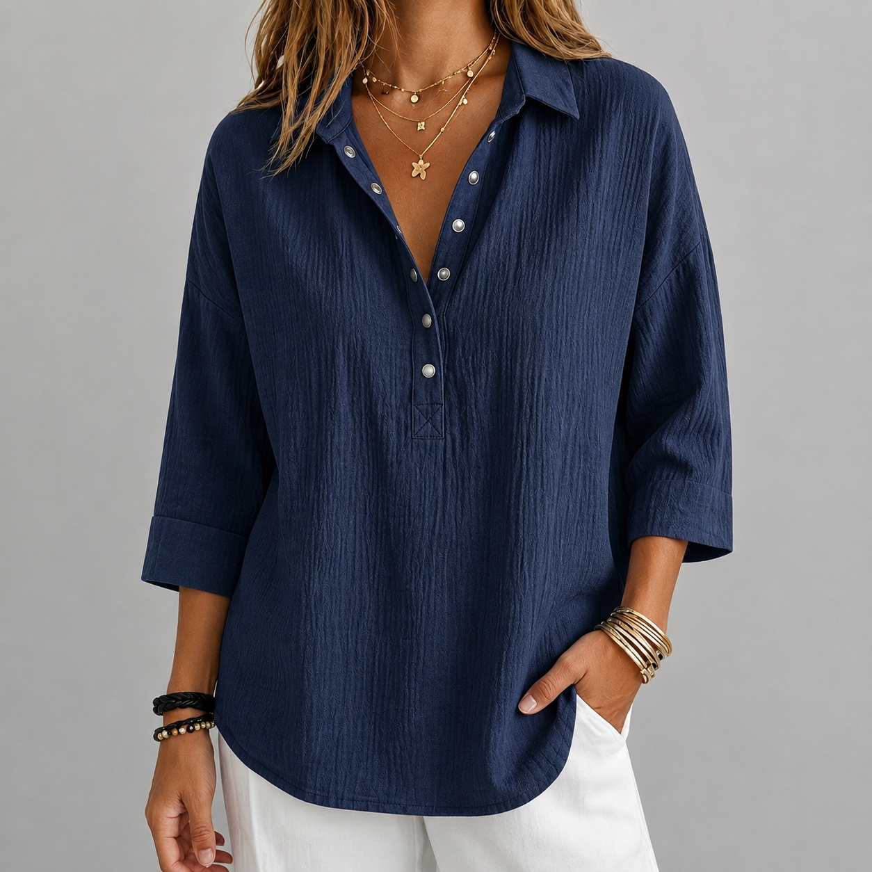 CLEARACNE SALE🔥 Women's Casual Linen Blend Henley 3/4 Sleeve Shirt