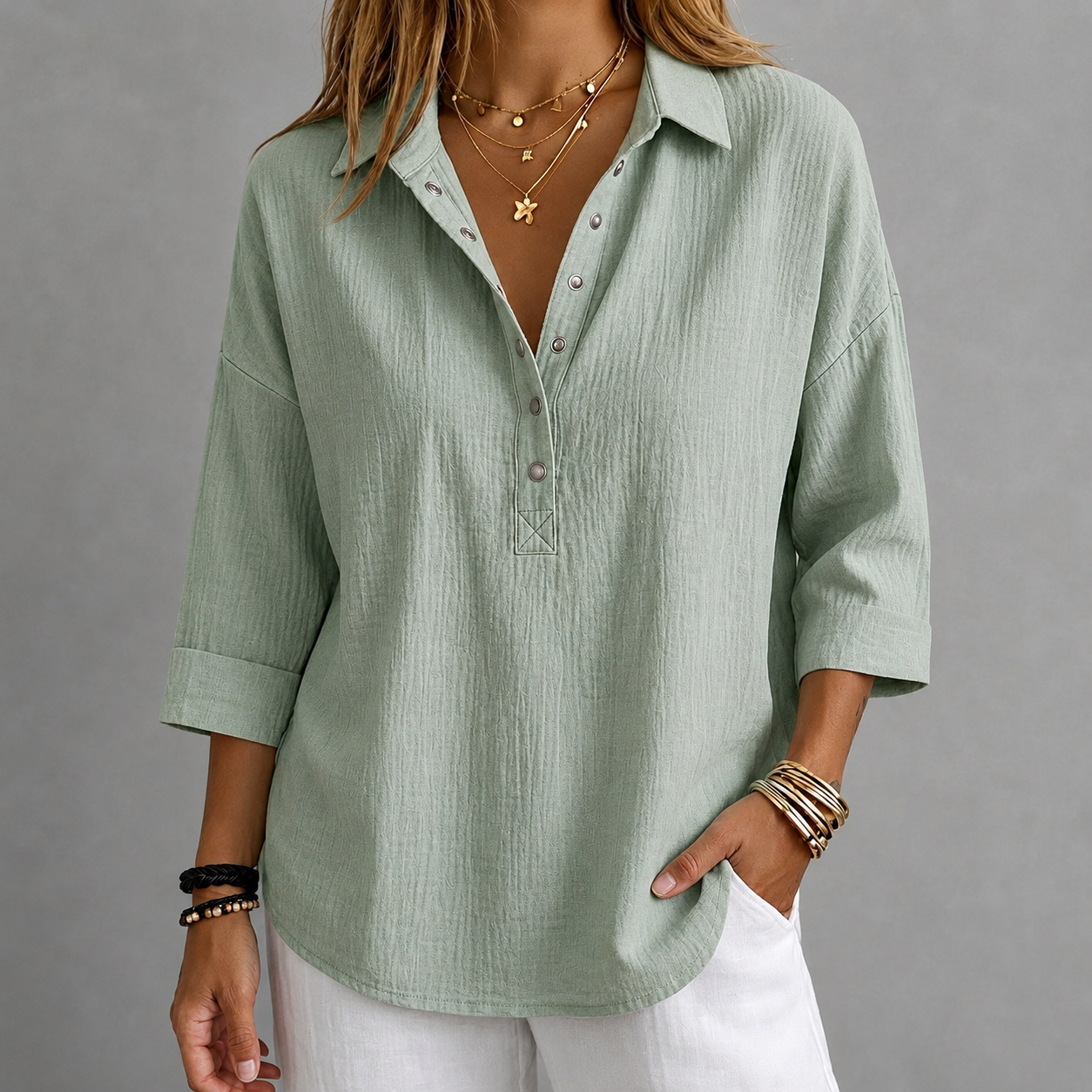 CLEARACNE SALE🔥 Women's Casual Linen Blend Henley 3/4 Sleeve Shirt