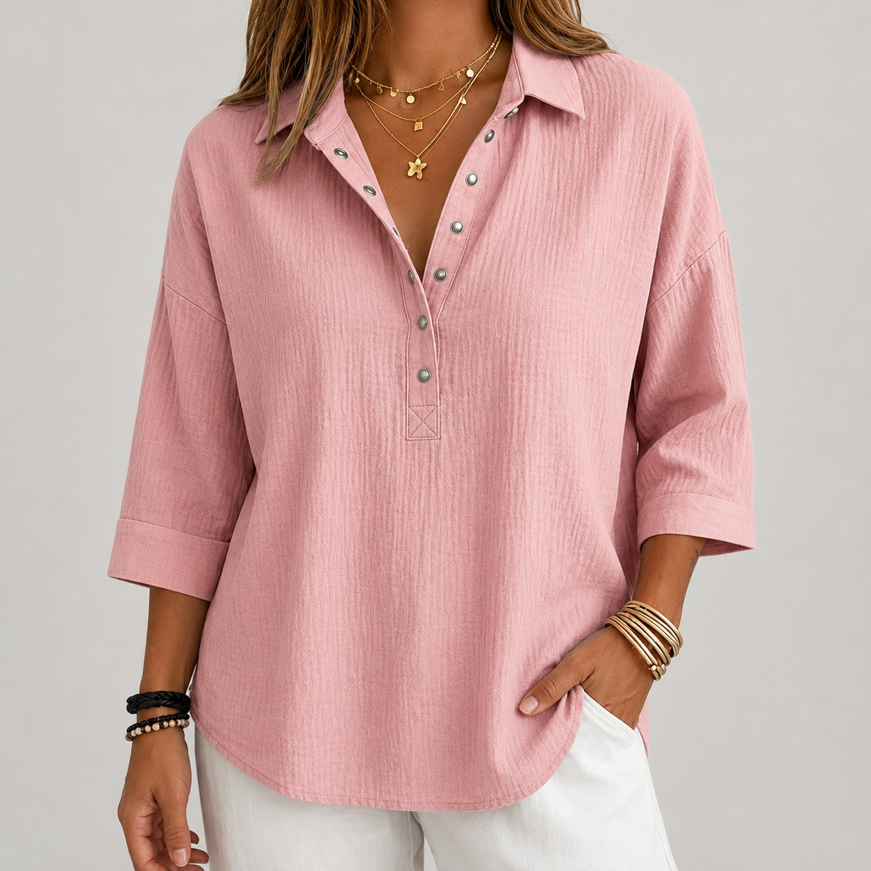 CLEARACNE SALE🔥 Women's Casual Linen Blend Henley 3/4 Sleeve Shirt