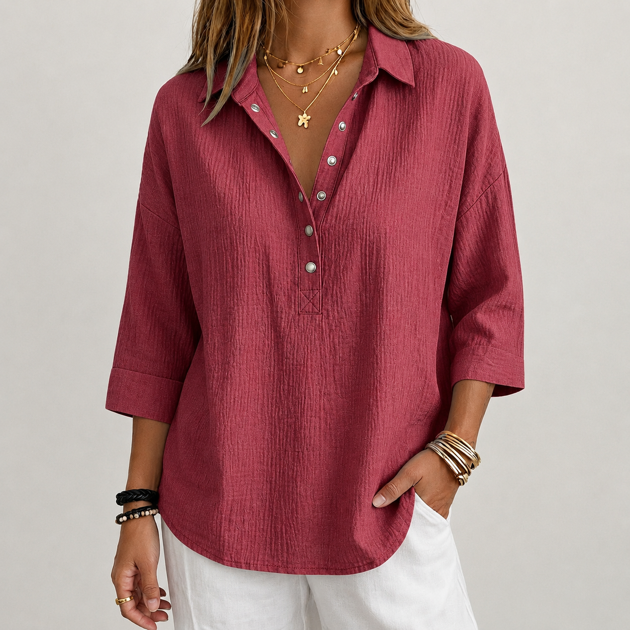 CLEARACNE SALE🔥 Women's Casual Linen Blend Henley 3/4 Sleeve Shirt