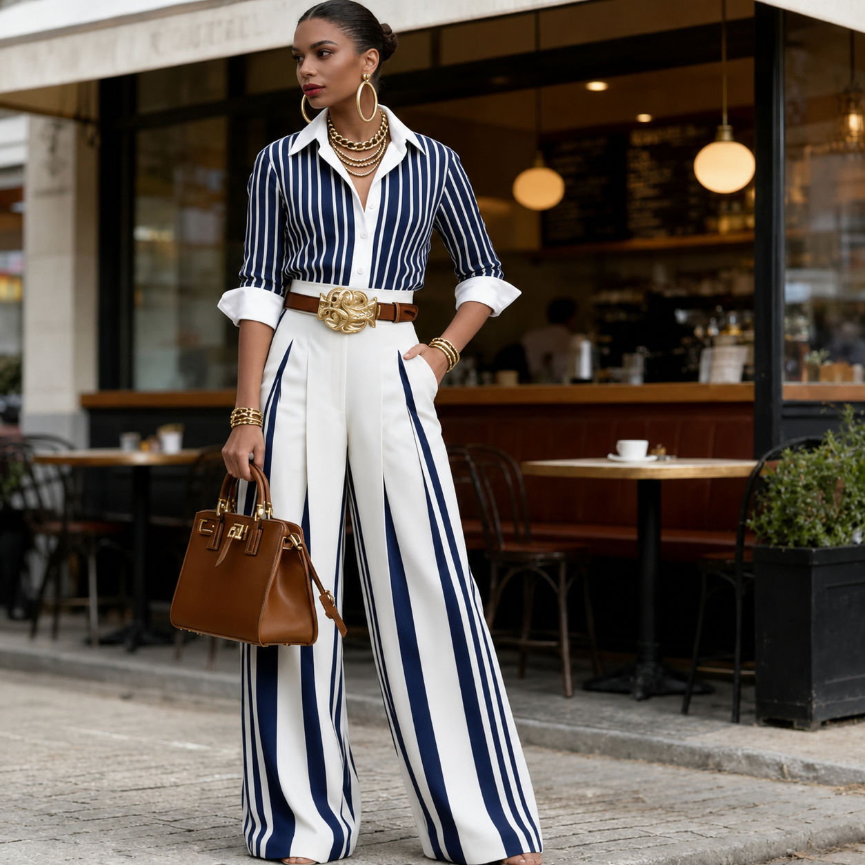 New Arrivals🔥 Women's Striped Shirt and A-Line Trouser Set (with Belt)