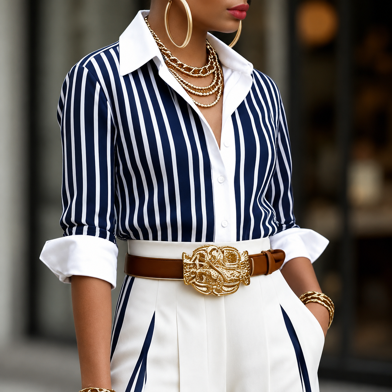 New Arrivals🔥 Women's Striped Shirt and A-Line Trouser Set (with Belt)