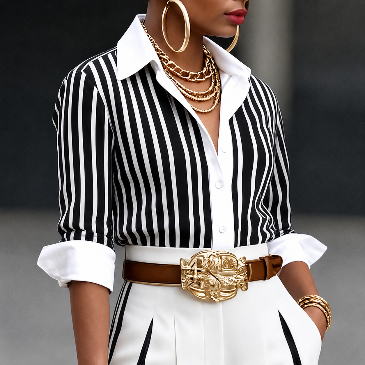 New Arrivals🔥 Women's Striped Shirt and A-Line Trouser Set (with Belt)