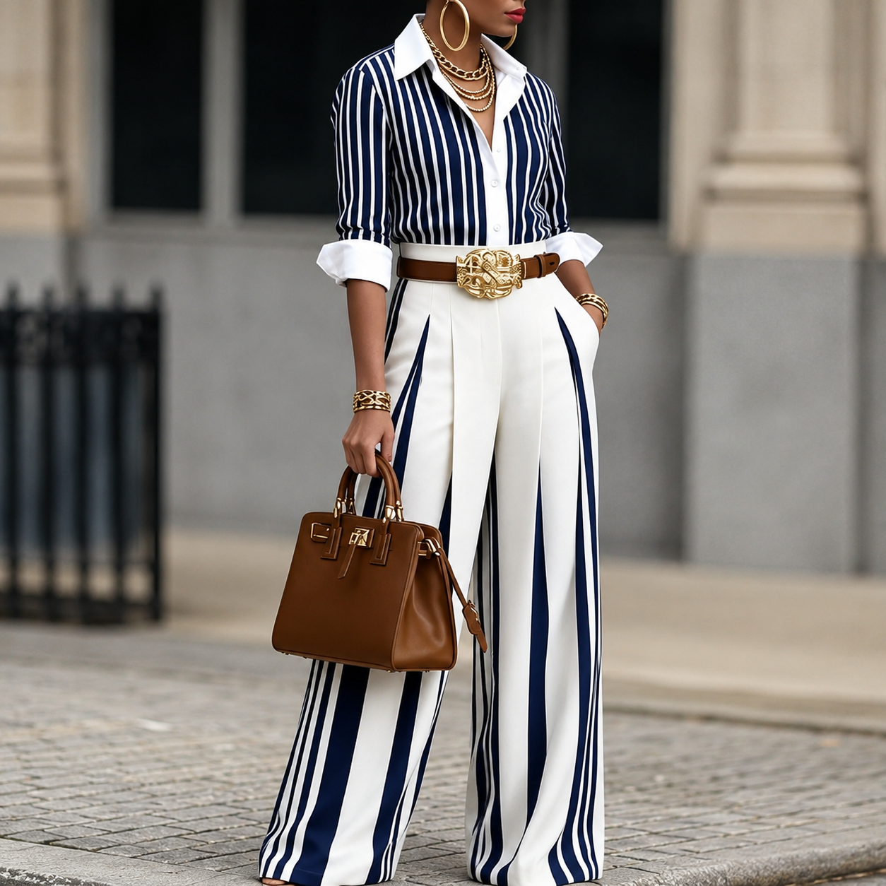 New Arrivals🔥 Women's Striped Shirt and A-Line Trouser Set (with Belt)