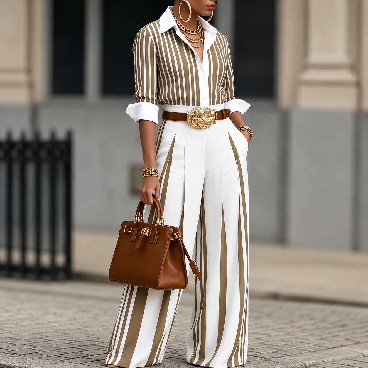 New Arrivals🔥 Women's Striped Shirt and A-Line Trouser Set (with Belt)